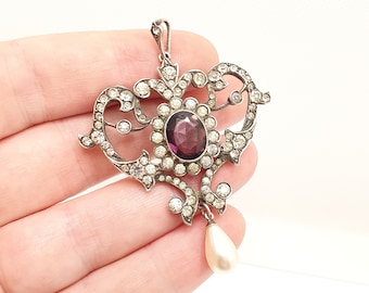 Antique Solid Silver Amethyst & Diamond Paste Pendant Necklace Foiled Pastes Art Nouveau Rare Vintage Large Big Womens Jewellery Jewelry