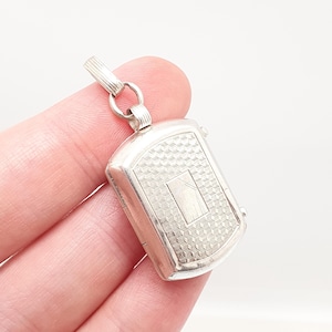 Antique Solid Silver Locket Rectangular Art Deco Engine Turned Geometric Rounded Picture Pendant Photo Vintage Jewelry Jewellery