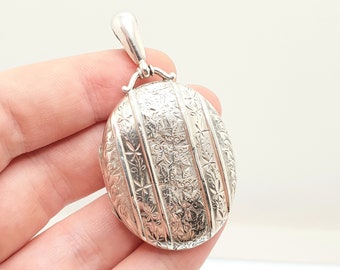 Antique Victorian Sterling Silver Locket 1883 Hallmark Hand Engraved Large Big Necklace Pendant Picture Photo Vintage Jewellery Jewelry