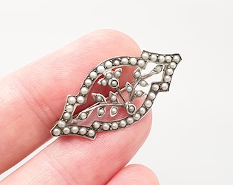 Broche antigo em prata maciça com pérolas, estilo Art Nouveau vitoriano, com estampa floral, década de 1800, joia vintage feminina.
