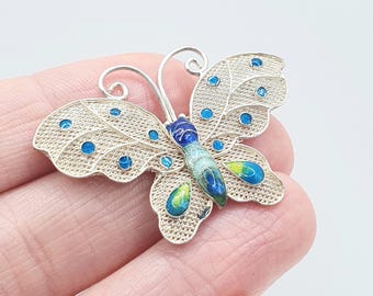 Vintage Solid Silver Enamel Butterfly Brooch Chinese Export Handmade Insect Bug Womens Unisex Jewelry Jewellery