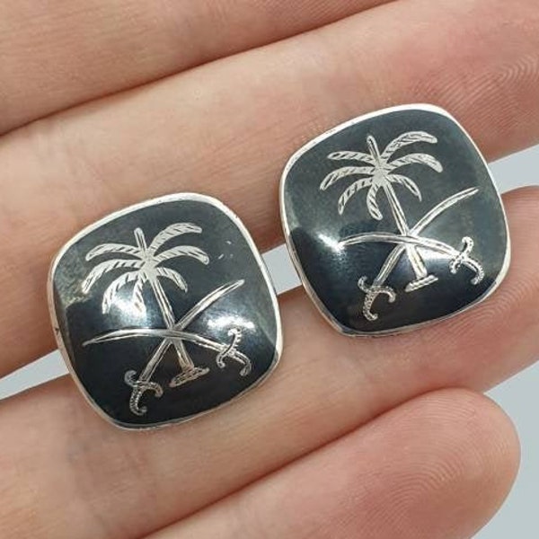 Old Vintage Sterling Silver Siam Black Niello Cufflinks Palm Tree & Swords Square Shape Hand Engraved Thailand Mens Gents Jewelry Jewellery