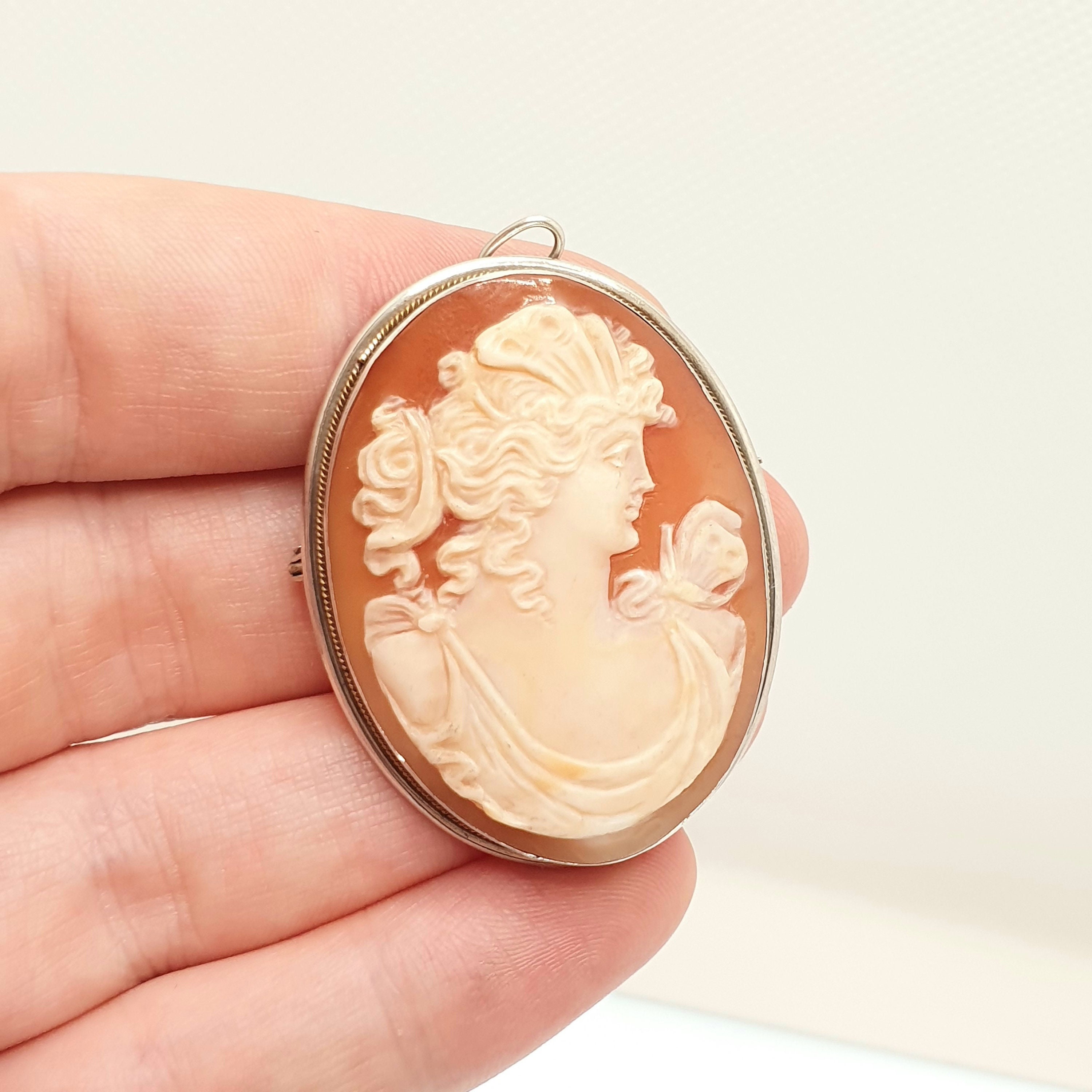 Antique Solid Silver Large Cameo Pendant Brooch Pin Genuine Shell 