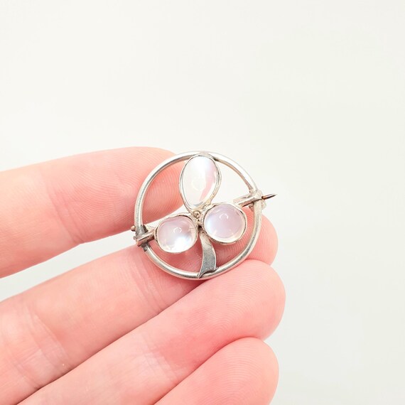 Antique Solid Silver Moonstone Clover Brooch Vict… - image 3