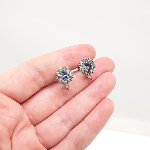 Antique Solid Silver Iris Rainbow Glass Earrings … - image 4