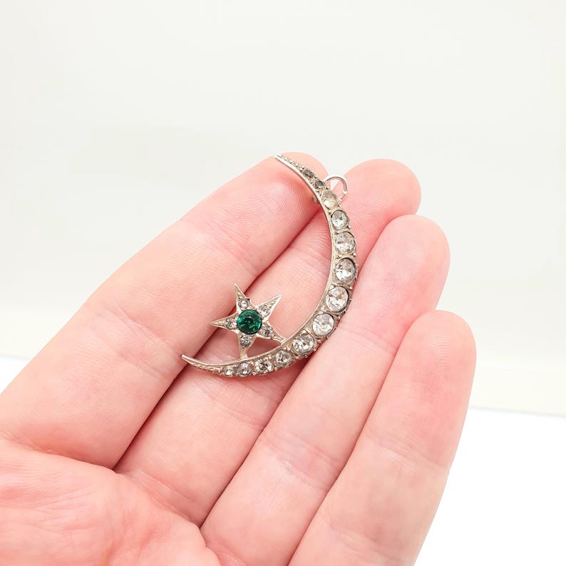 Antique Solid Silver Diamond Paste Star Moon Pendant Necklace Emerald