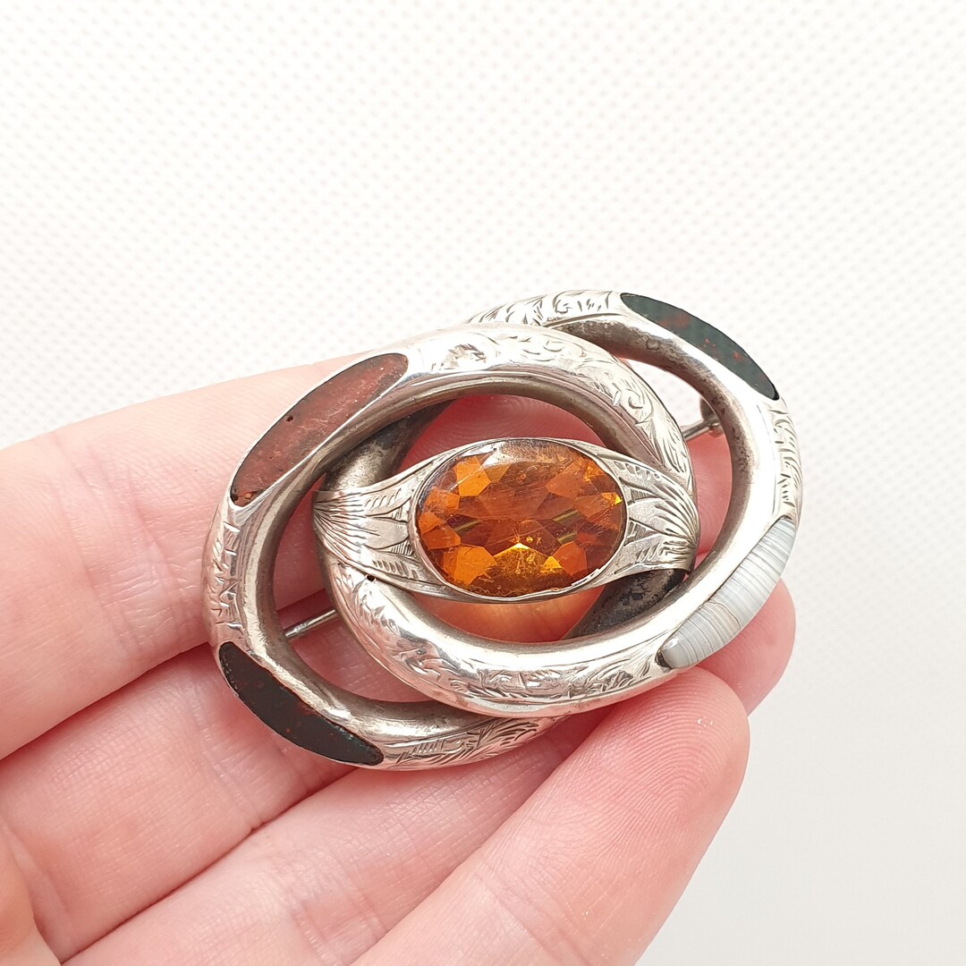 Broche Ancienne Victorienne Jarretière écossaise En Argent Avec Agates - Occasion