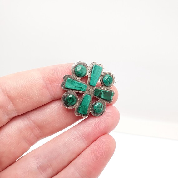 Antique Victorian Malachite Solid Silver Brooch S… - image 4