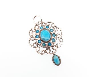 Pendentif Ancien Argent Massif 925 Art Déco/Nouveau - Émaillé Bleu, Occasion Porté