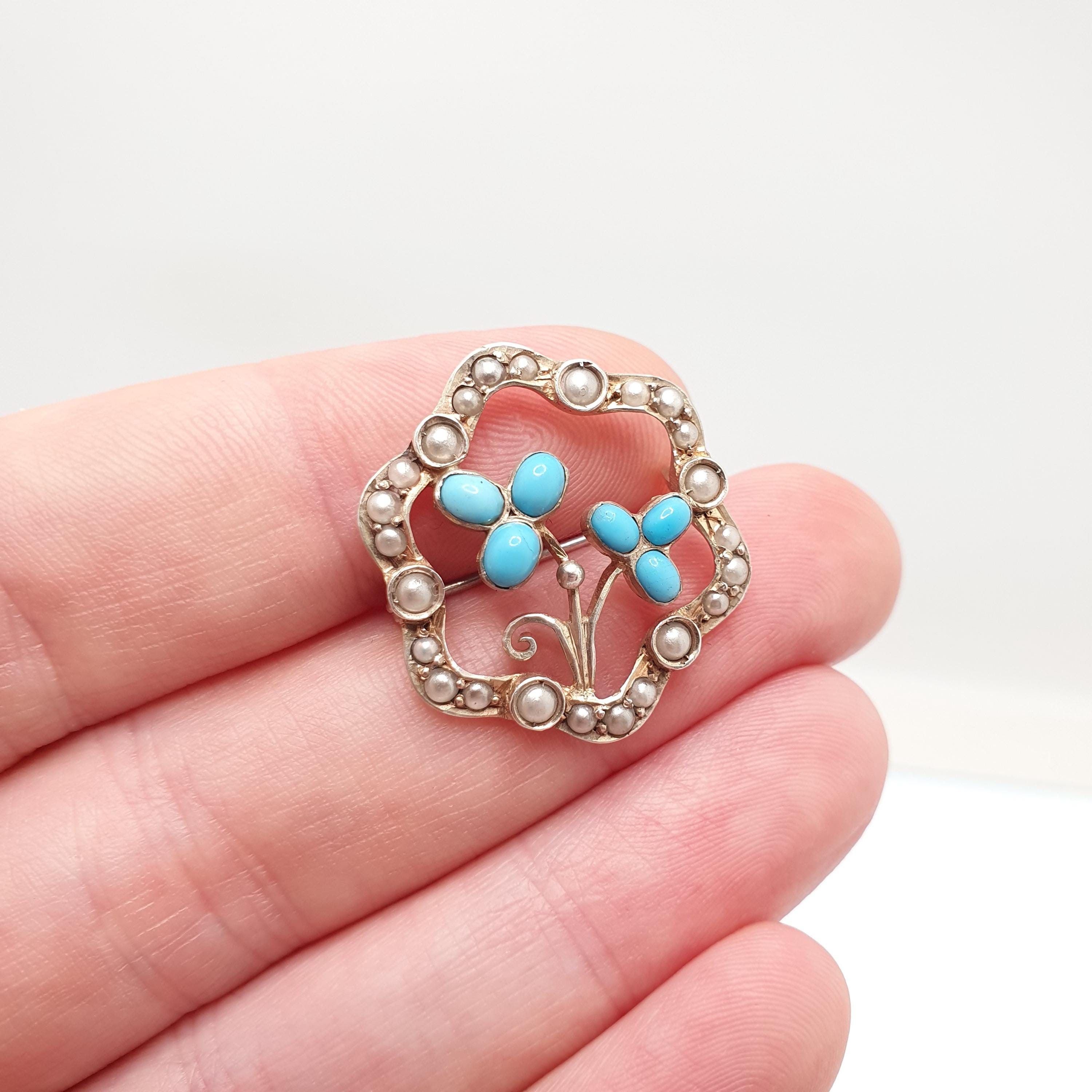Antique Solid Silver Forget Me Not Brooch Turquoise Glass Faux