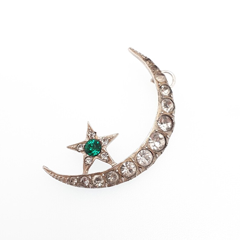 Antique Solid Silver Diamond Paste Star Moon Pendant Necklace Emerald