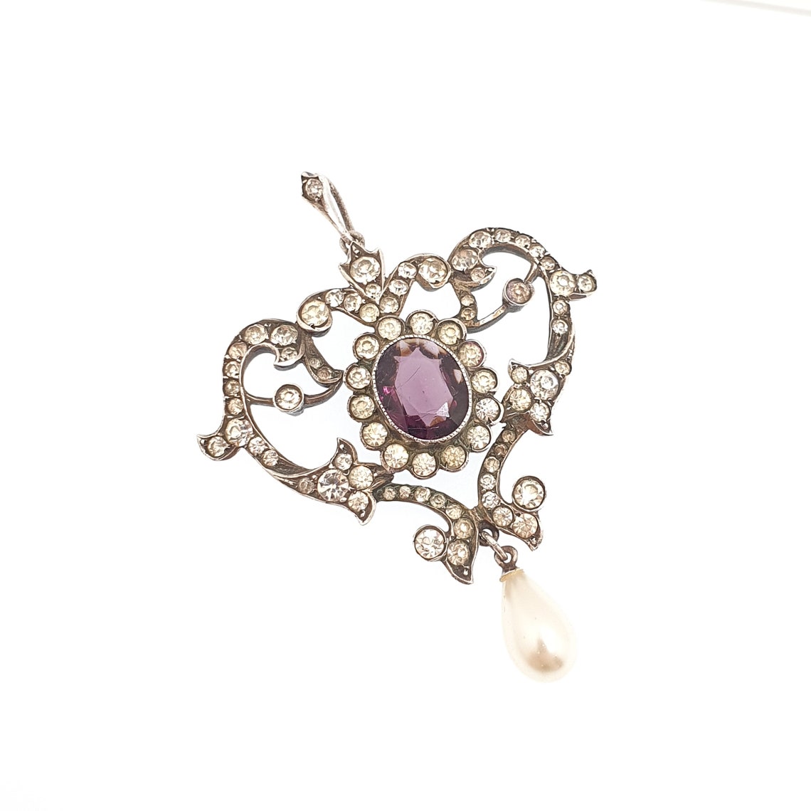 Antique Solid Silver Amethyst & Diamond Paste Pendant Necklace Foiled ...