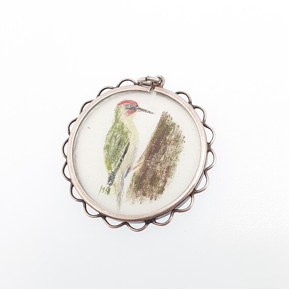 Antique Solid Silver Hand Painted Woodpecker Pend… - image 2