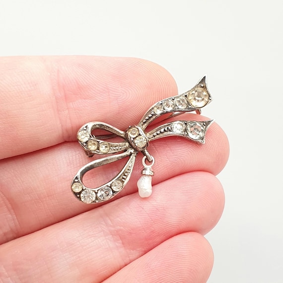 Antique Diamond Paste Solid Silver Bow Brooch Fre… - image 1