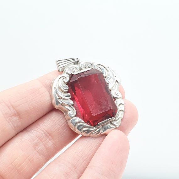 Old Vintage Solid Silver Ruby Paste Pendant Swedi… - image 3