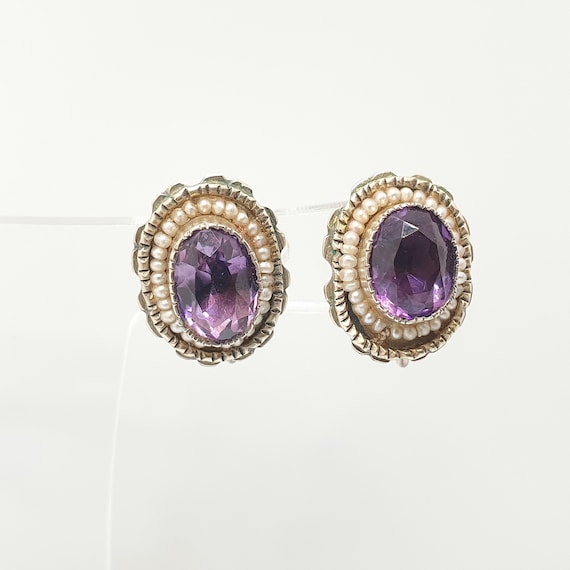 Antique Solid Silver Natural Amethyst Earrings Se… - image 2