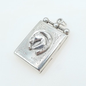 Antique Sterling Silver Horse & Horseshoe Locket Horseriding Lucky Equestrain Rectangular Large Big Womens Vintage Jewelry Jewellery