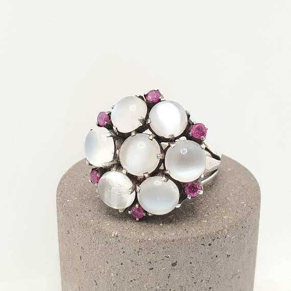 Antique Solid Silver Moonstone Ring Ruby Cluster … - image 1