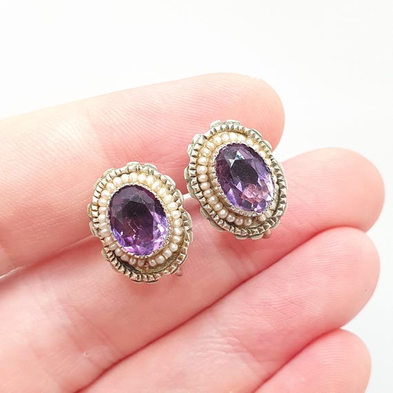 Antique Solid Silver Natural Amethyst Earrings Se… - image 1