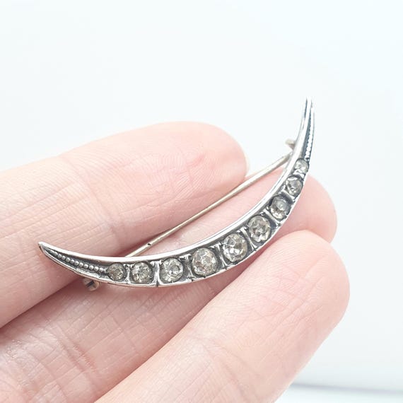 Antique Solid Silver Crescent Moon Diamond Paste … - image 1