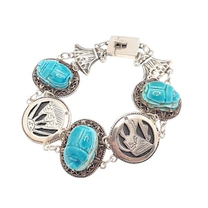 Old Vintage Solid Silver Scarab Beetle Bracelet Faience Egyptian Revival Hallmarked Art Deco Style Womens Mens Antique Jewelry Jewellery