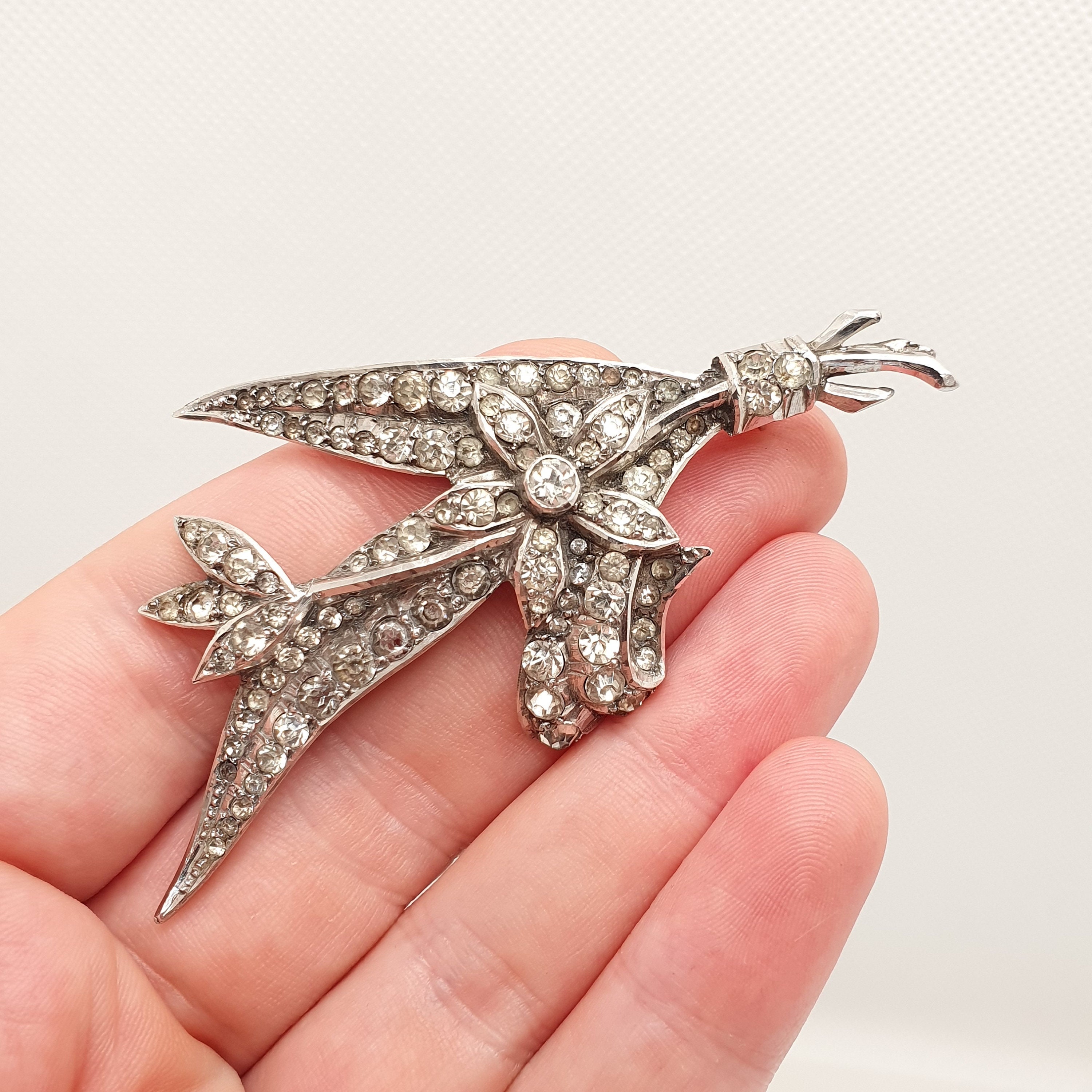 Antique Diamond Paste Solid Silver Brooch Pin Leaf Flower Art
