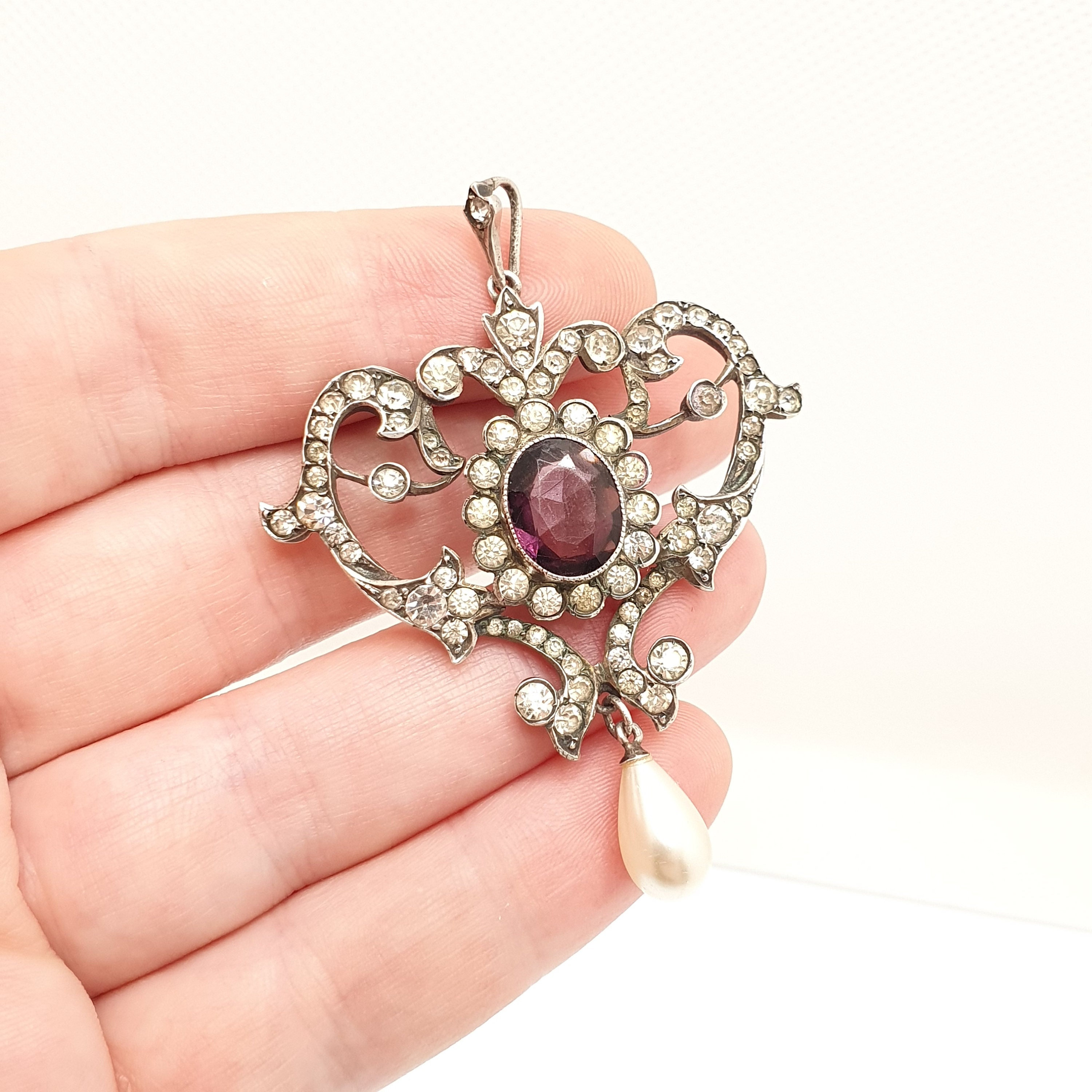 Antique Solid Silver Amethyst & Diamond Paste Pendant Necklace Foiled ...