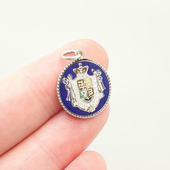 Antique Solid Silver Enamel Crest Charm Pendant C… - image 1