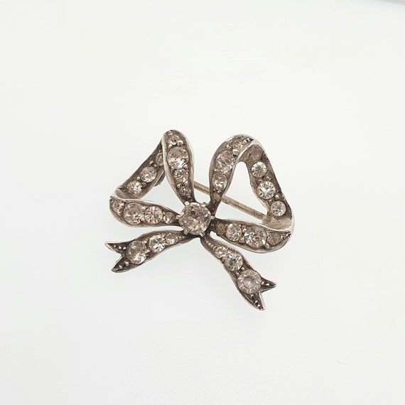 Antique Victorian Paste Solid Silver Bow Brooch D… - image 3