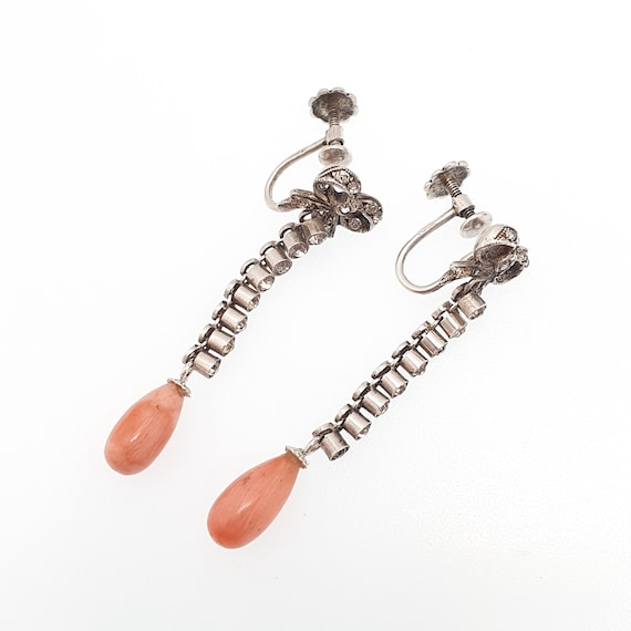 Antique Solid Silver Coral Paste Earrings Bow Han… - image 5