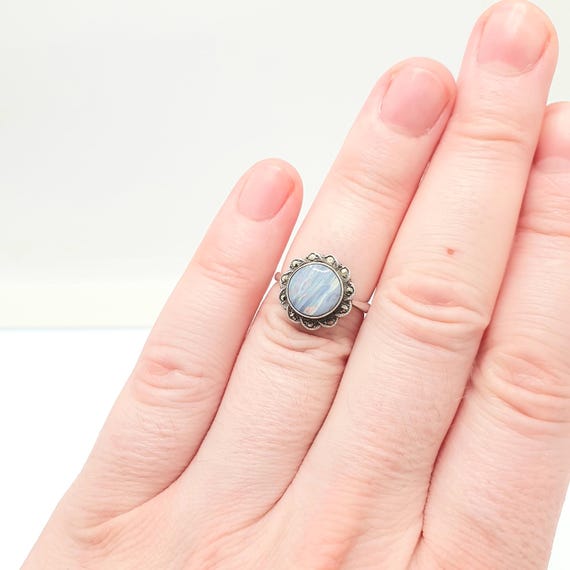 Antique Solid Silver Black Opal Ring Natural Genu… - image 4