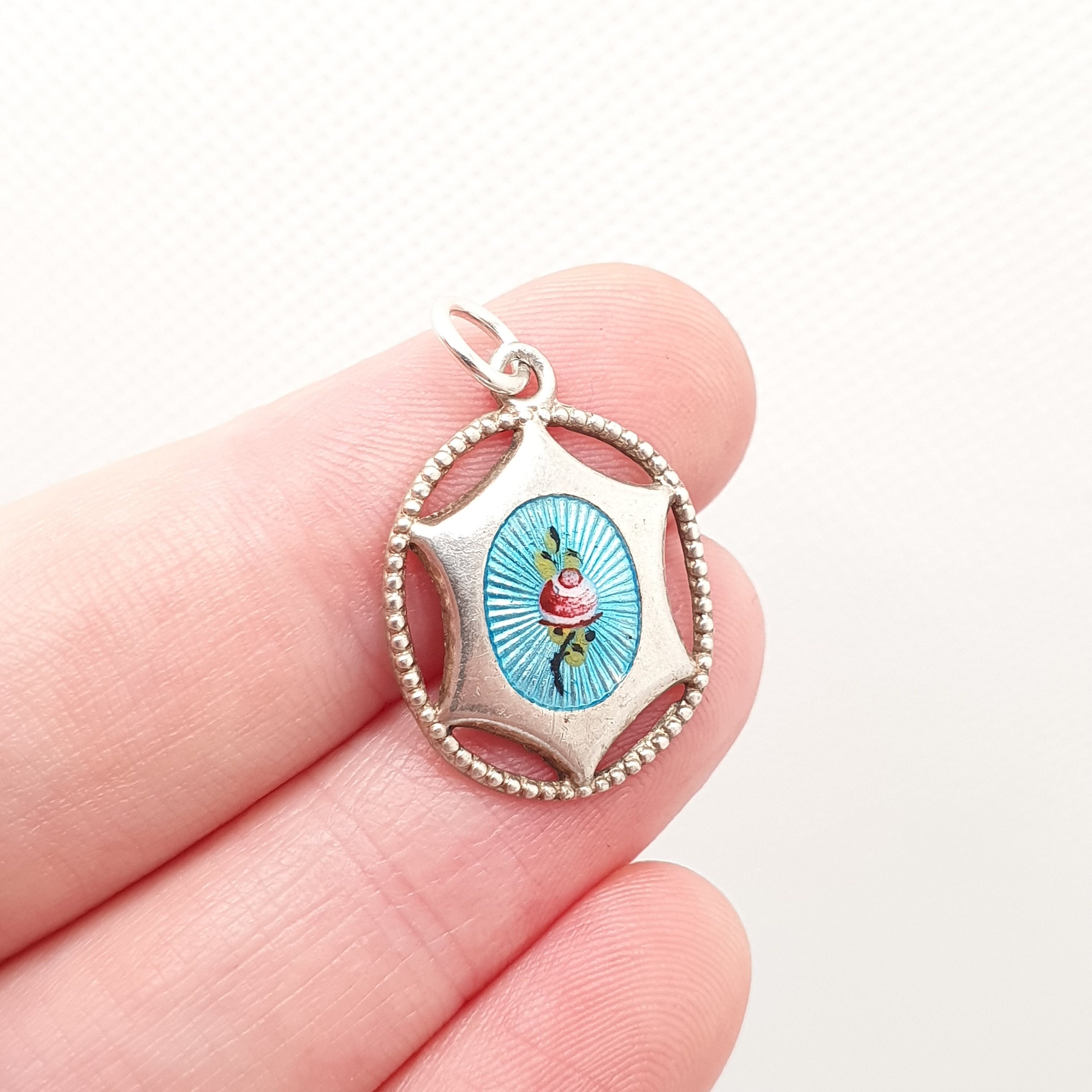Antique CHARLES HORNER Sterling Silver Enamel Pendant Necklace Sky Blue Flower Champleve Art Nouveau Vintage Jewelry Genuine Jewellery