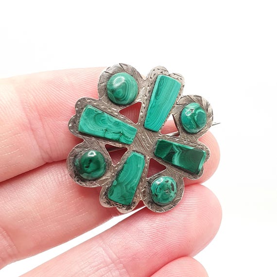 Antique Victorian Malachite Solid Silver Brooch S… - image 1