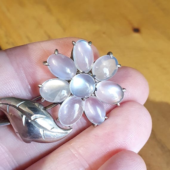Antique Solid Silver Moonstone Flower Brooch Vict… - image 3