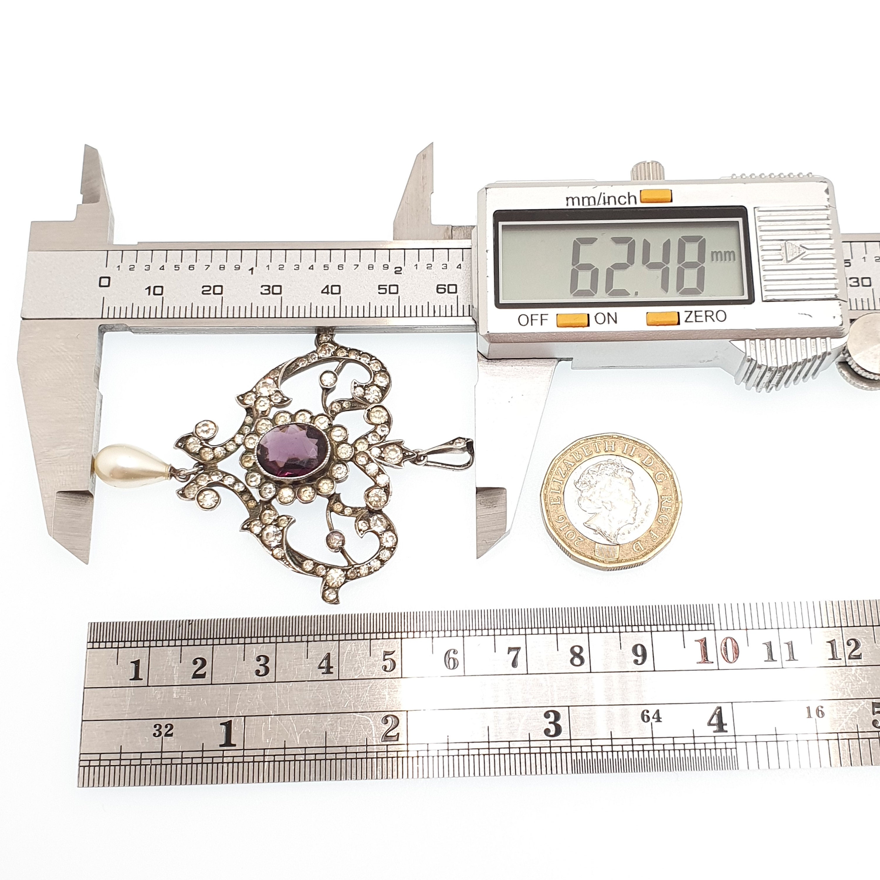 Antique Solid Silver Amethyst & Diamond Paste Pendant Necklace Foiled ...