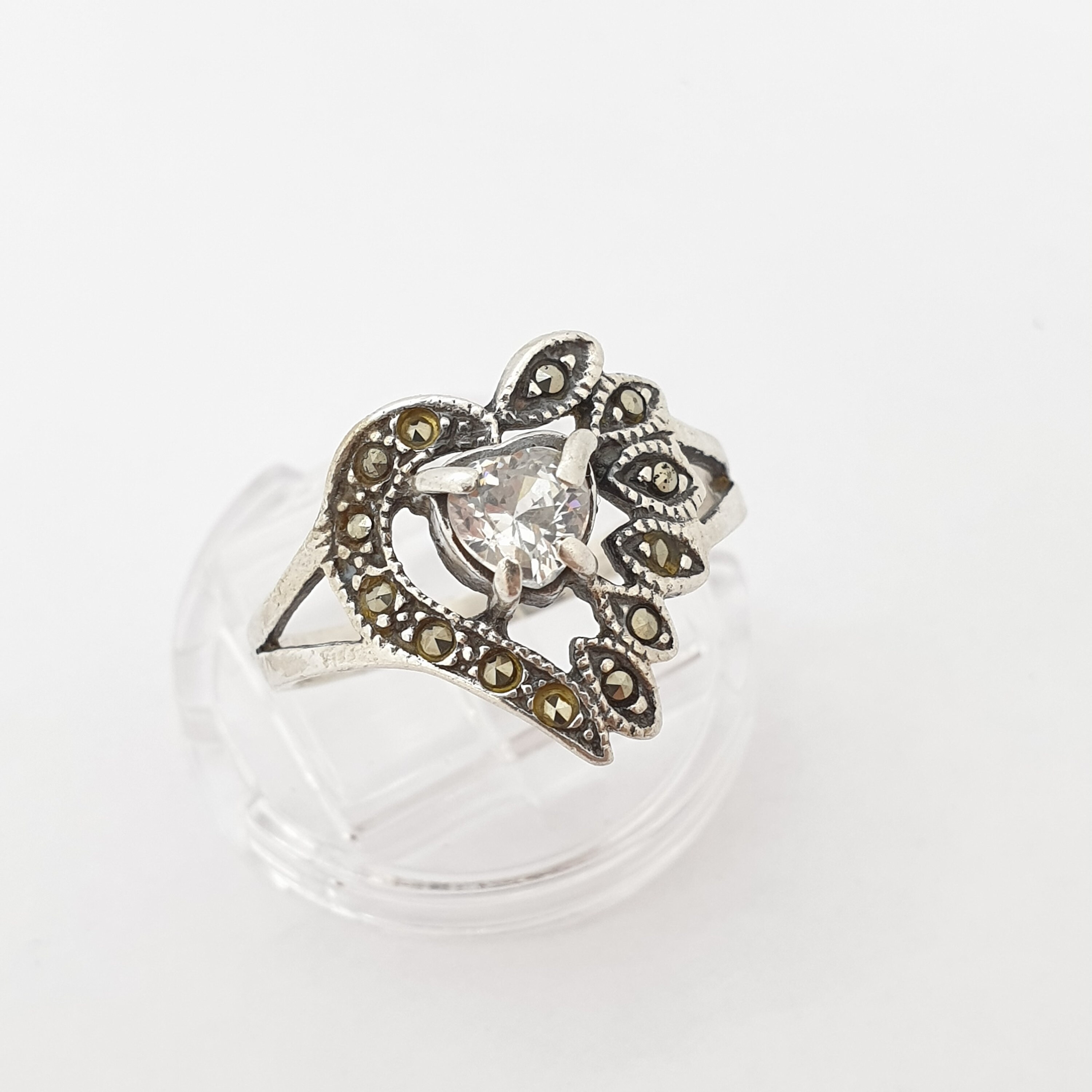 指輪・リング Heart Symbol Ring (Antique Silver, Matte) [SIZE.1] Vintage Sterling Silver Heart Ring CZ & Marcasite Love Heart