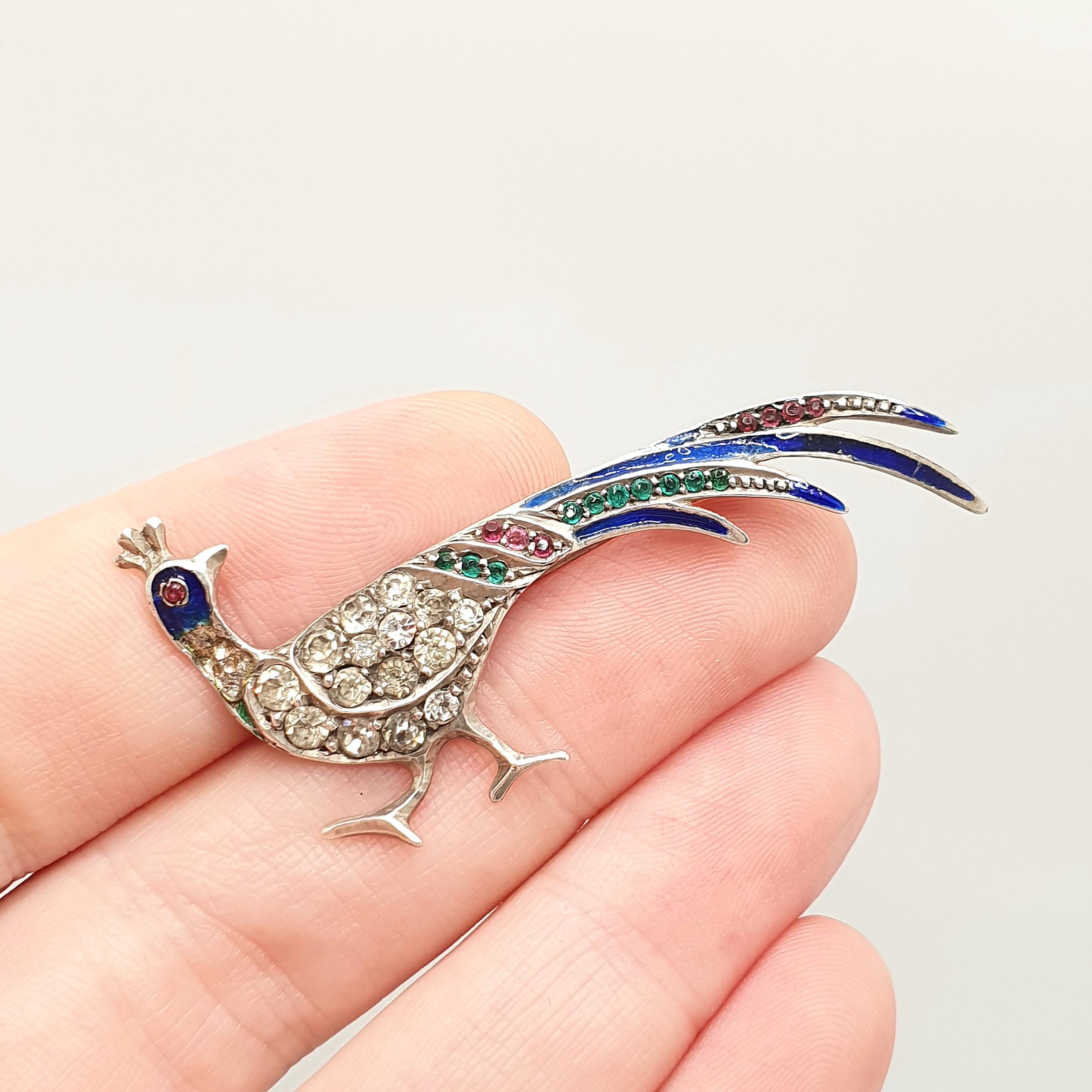 Broche Ancienne En Argent Massif Art Nouveau - Oiseau Animé, émail, Argent 925 - Très Bon état
