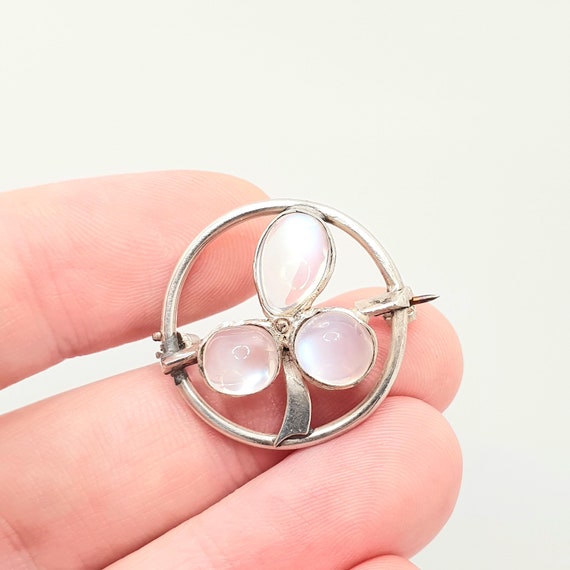 Antique Solid Silver Moonstone Clover Brooch Vict… - image 1