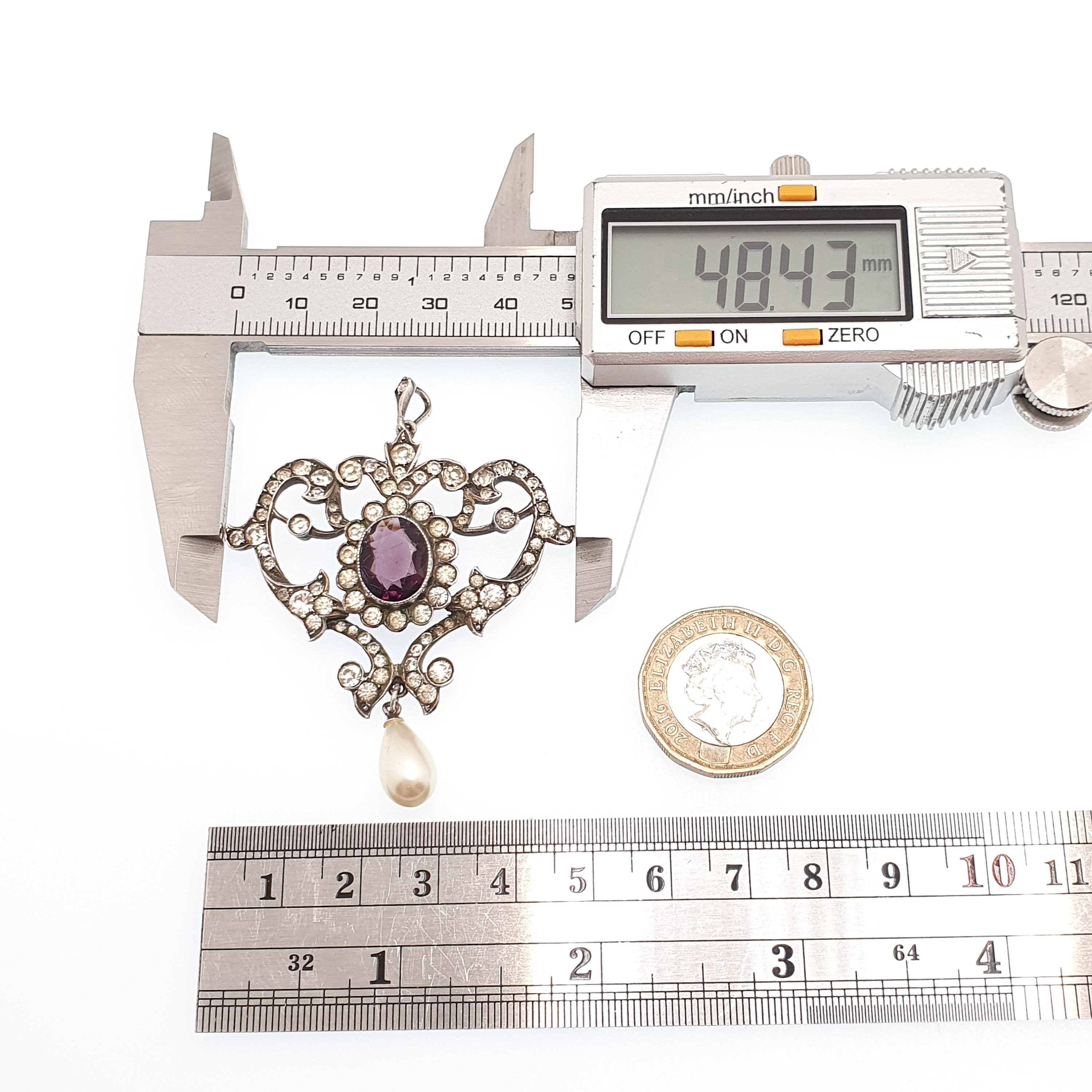 Antique Solid Silver Amethyst & Diamond Paste Pendant Necklace Foiled ...