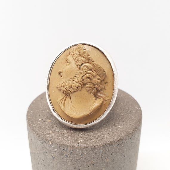 Antique Solid Silver Lava Cameo Ring Victorian Ma… - image 1