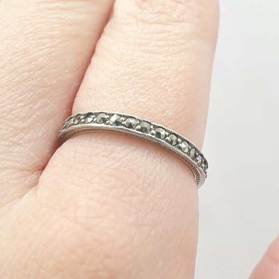 Antique Solid Silver Marcasite Eternity Ring Art … - image 3