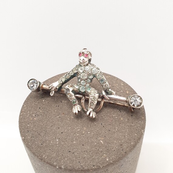 Antique Solid Silver Monkey Brooch Diamond Paste … - image 2