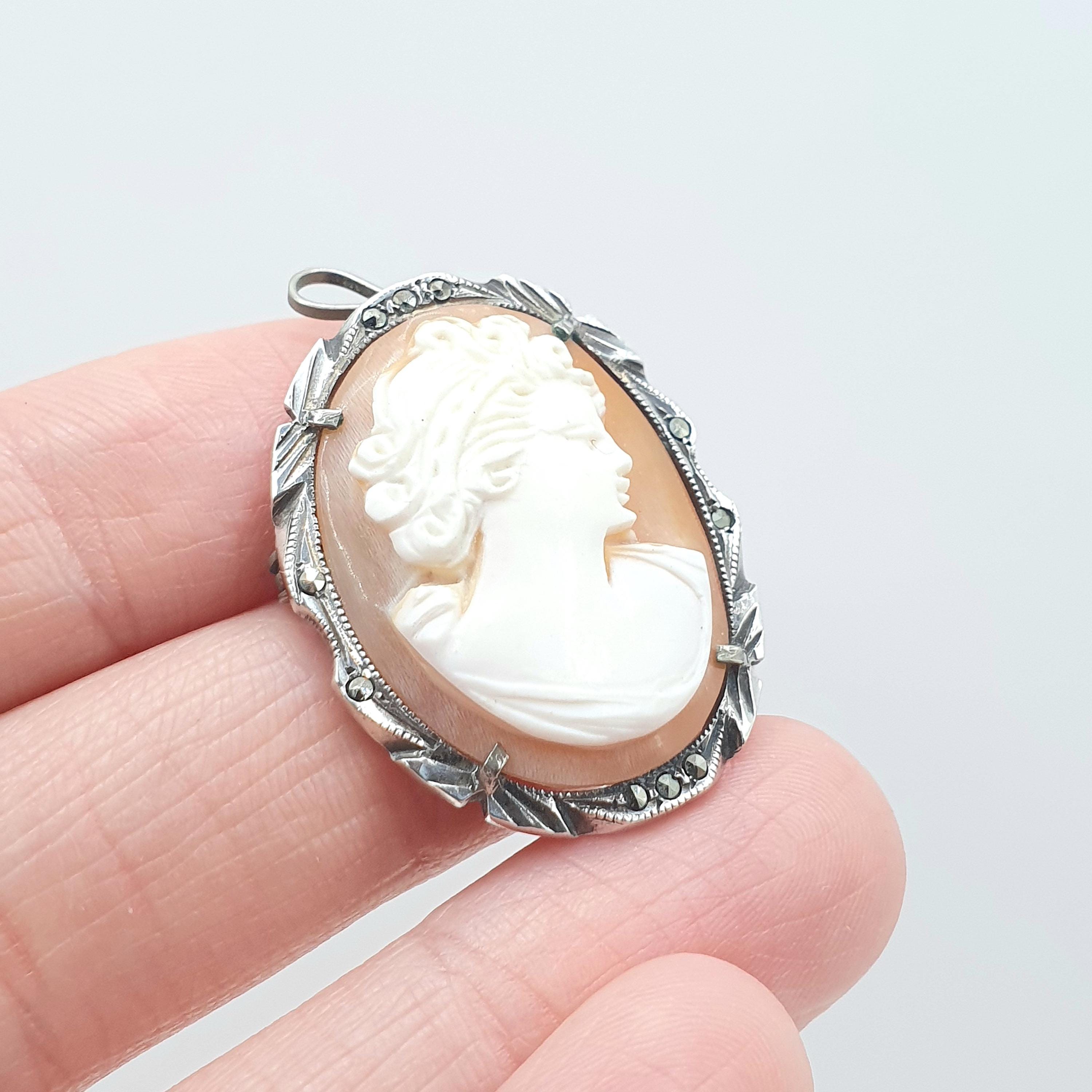 Old Vintage Solid Silver Cameo Pendant Brooch Necklace Marcasite