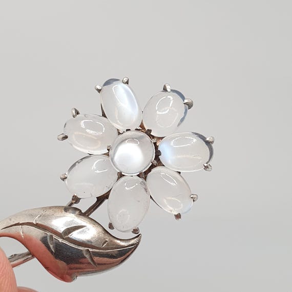 Antique Solid Silver Moonstone Flower Brooch Vict… - image 4