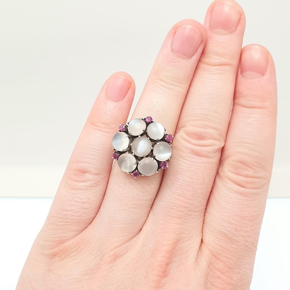 Antique Solid Silver Moonstone Ring Ruby Cluster … - image 3
