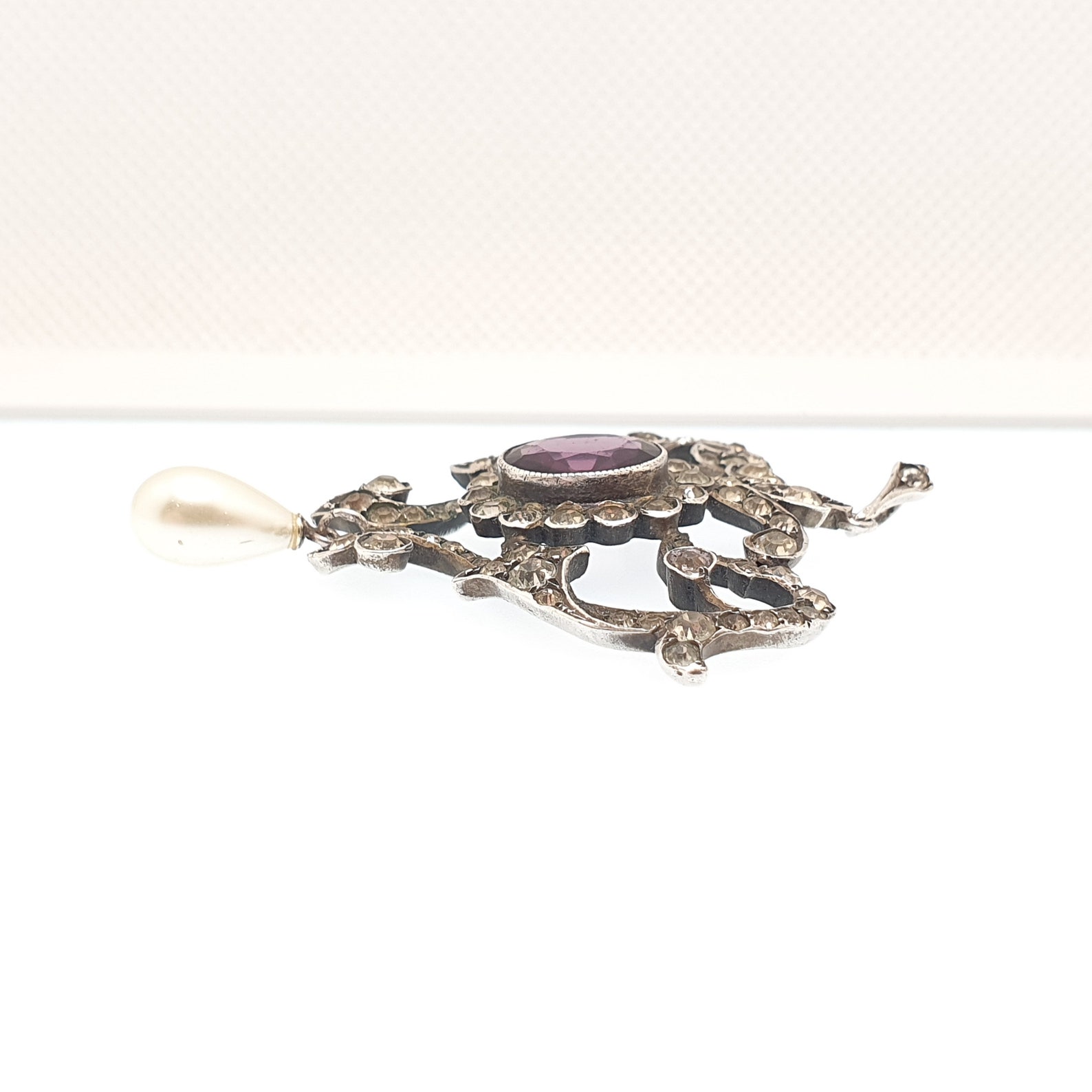 Antique Solid Silver Amethyst & Diamond Paste Pendant Necklace Foiled ...