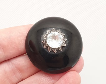 Antique Victorian Whitby Jet Diamond Paste Brooch Star Centre Dome Mourning Large Big Black Gemstone Vintage Womens Jewelry Jewellery