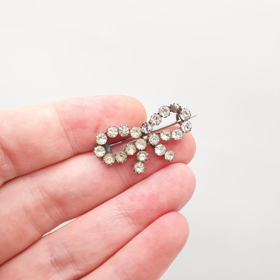 Antique Victorian Paste Solid Silver Bow Brooch R… - image 2