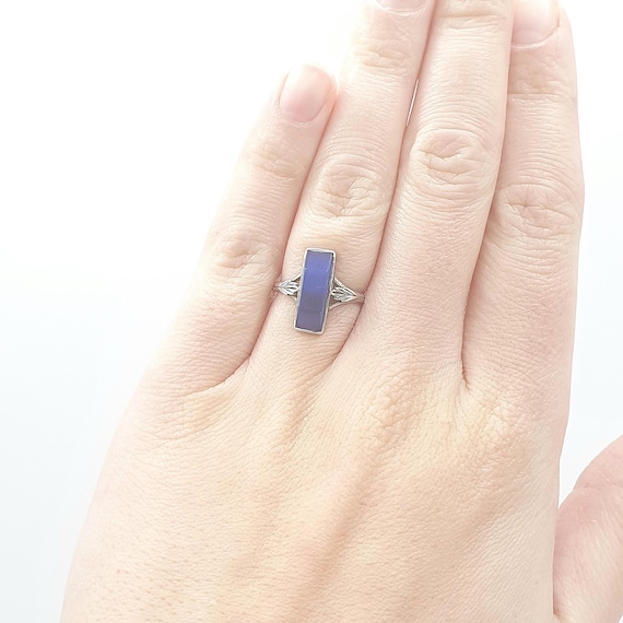 Antique Solid Silver Blue Chalcedony Ring Leaf Sh… - image 2