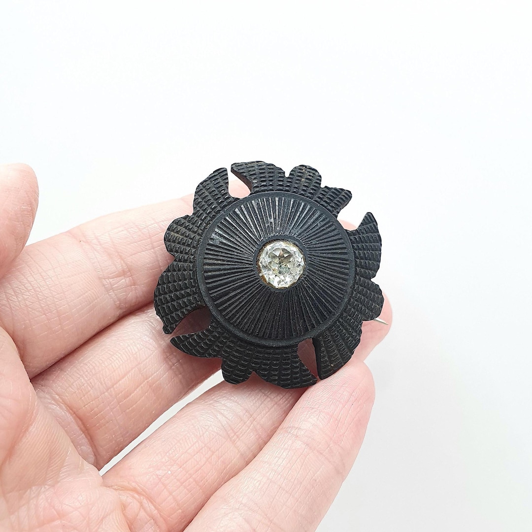 Antique Victorian Bog Oak Diamond Paste Brooch Hand Carved